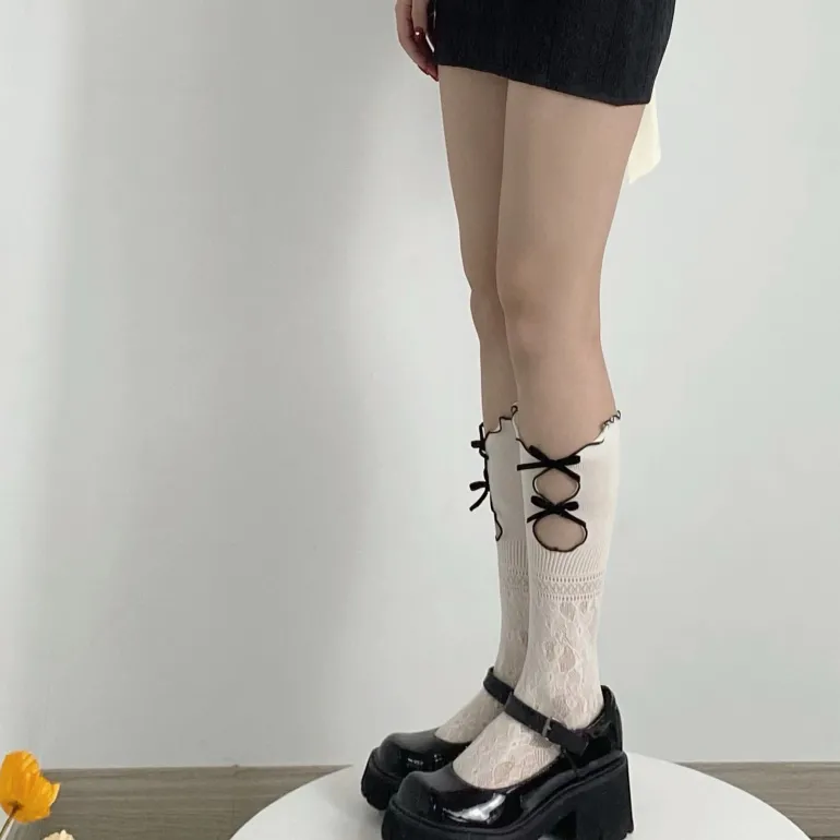 Black Ribbon & White Lace Socks