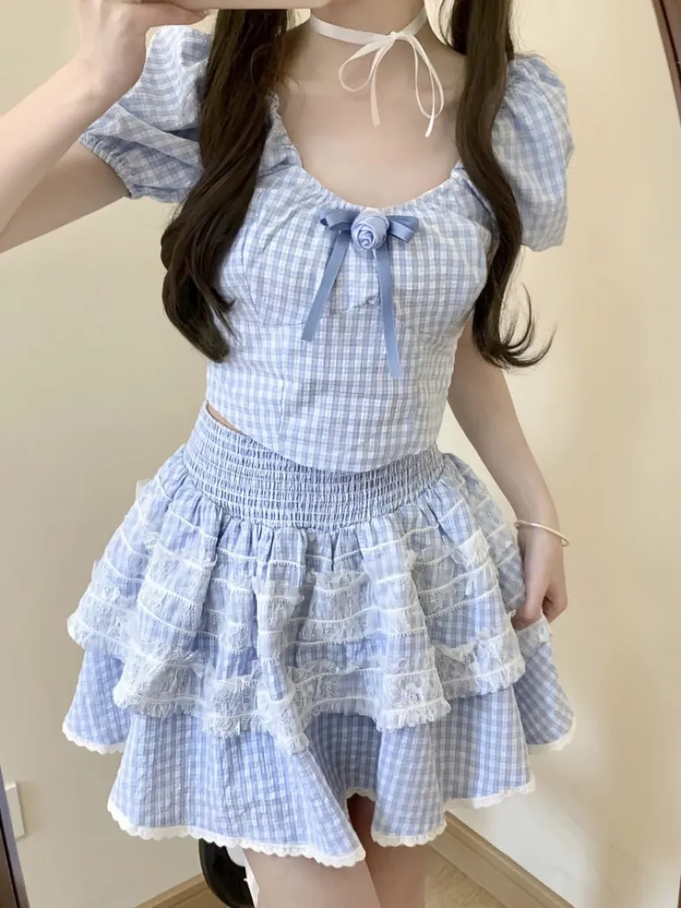 Blue Plaid Babydoll Outfit Set