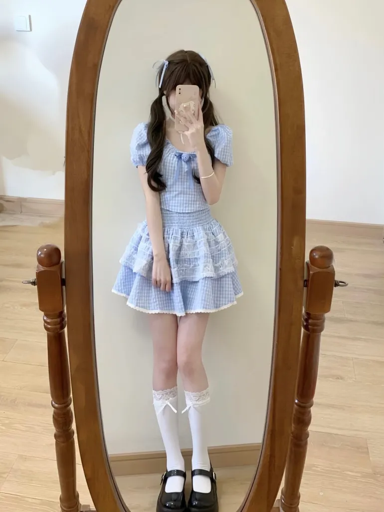 Blue Plaid Babydoll Outfit Set
