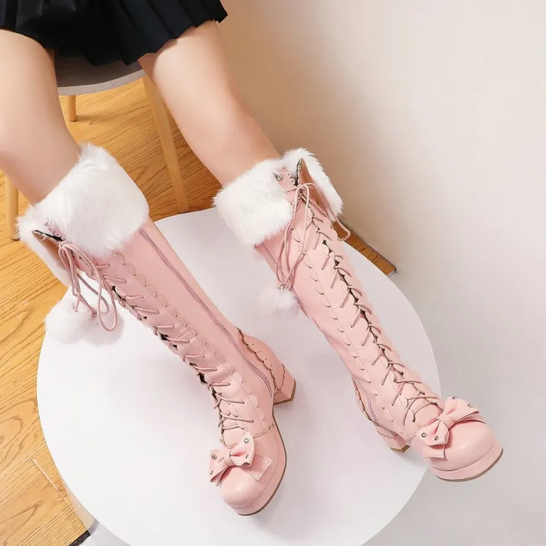 Bow Fur Knee High Boots