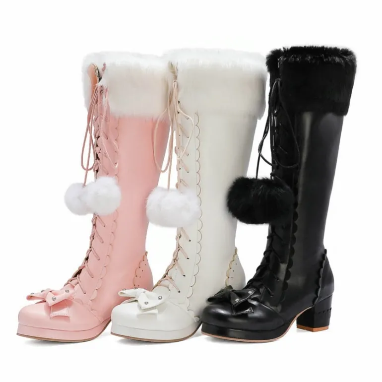 Bow Fur Knee High Boots