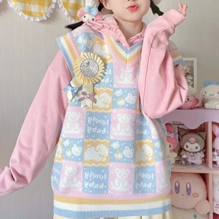 Checkered Bear Knit Vest