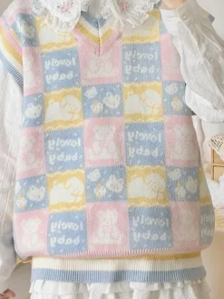 Checkered Bear Knit Vest