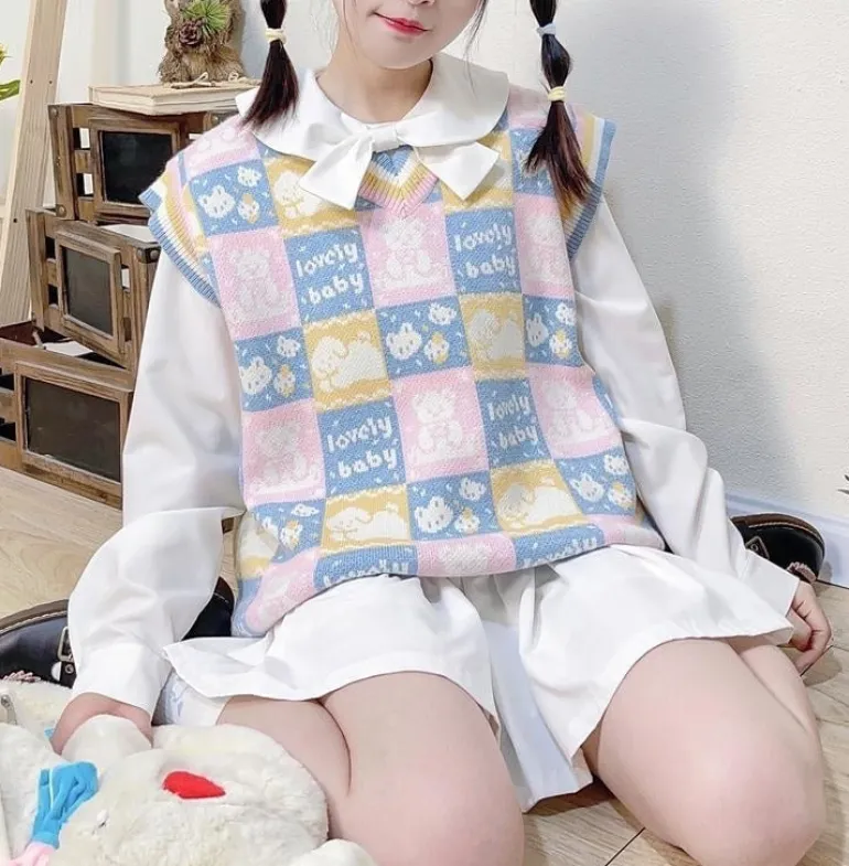 Checkered Bear Knit Vest