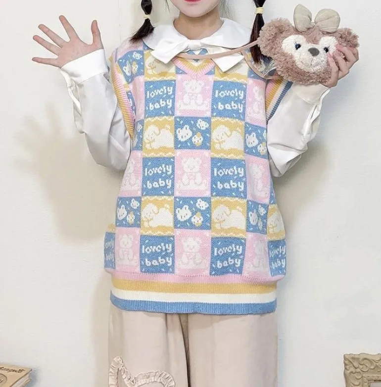 Checkered Bear Knit Vest