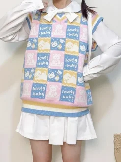 Checkered Bear Knit Vest