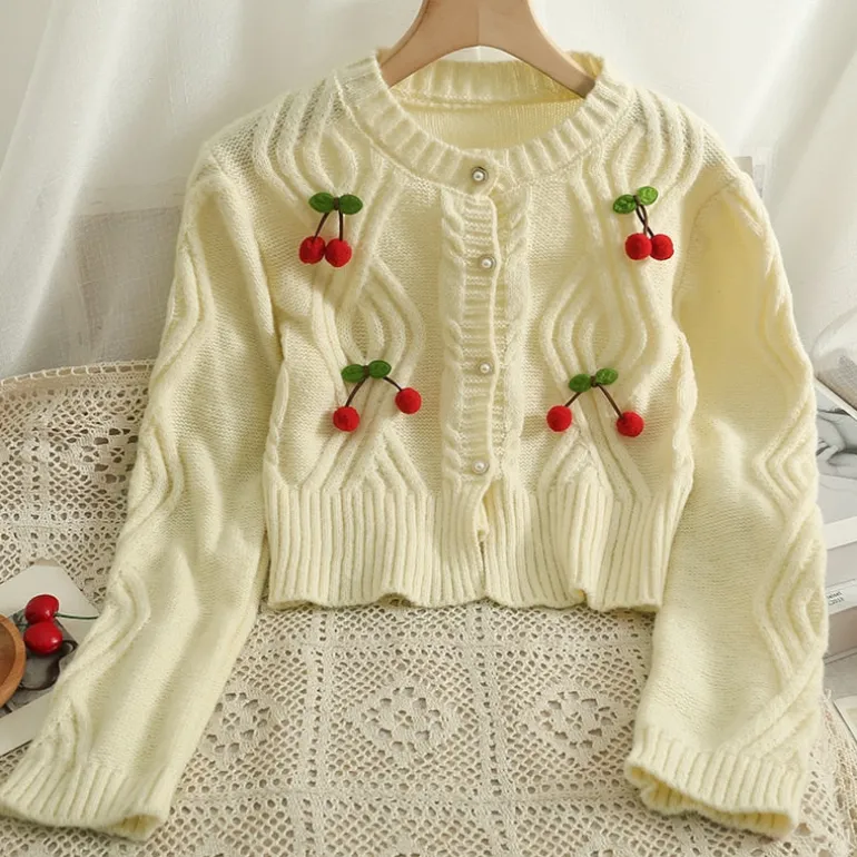 Cherry Knitted Cropped Cardigan