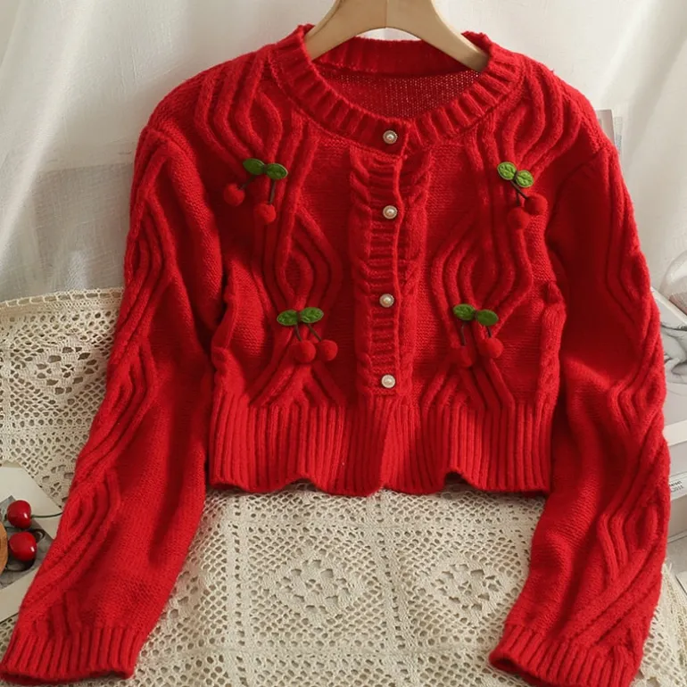 Cherry Knitted Cropped Cardigan