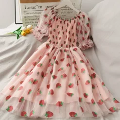 Chiffon Strawberry Puff Sleeve Dress