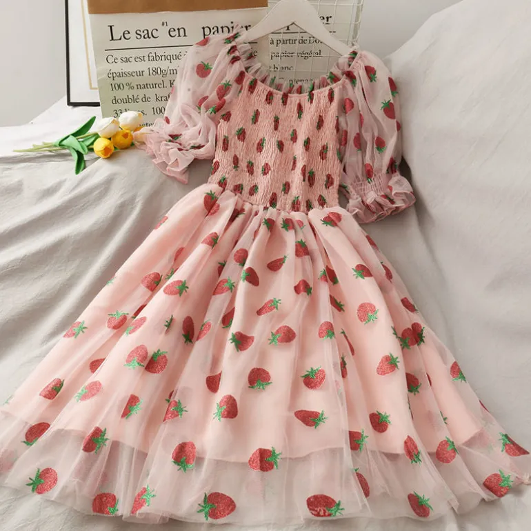 Chiffon Strawberry Puff Sleeve Dress