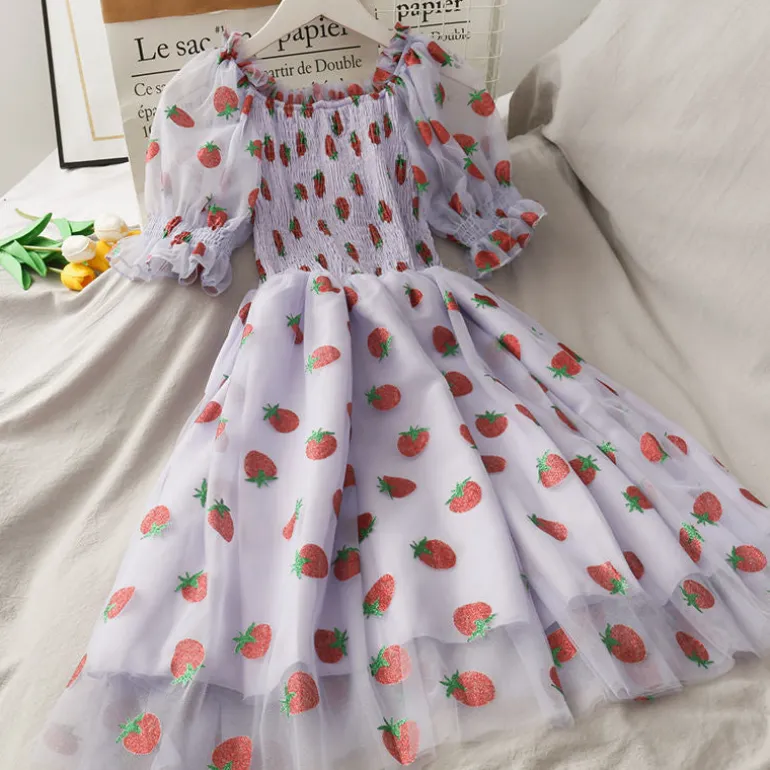Chiffon Strawberry Puff Sleeve Dress