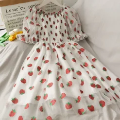 Chiffon Strawberry Puff Sleeve Dress