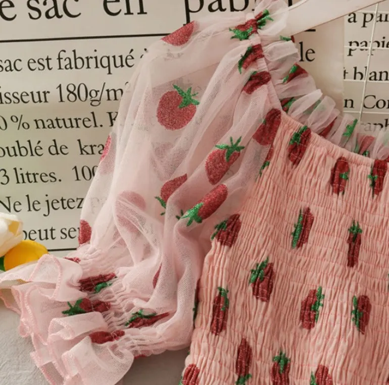Chiffon Strawberry Puff Sleeve Dress