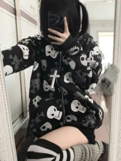 Cozy Skull Zip Up Oversized Hoodie