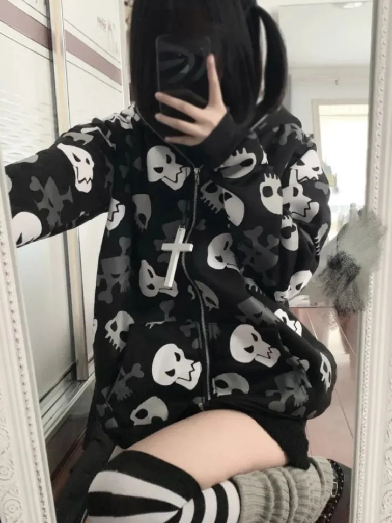 Cozy Skull Zip Up Oversized Hoodie
