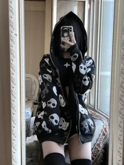 Cozy Skull Zip Up Oversized Hoodie