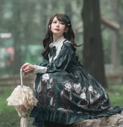 Creepy Bunny Forest Green Dress
