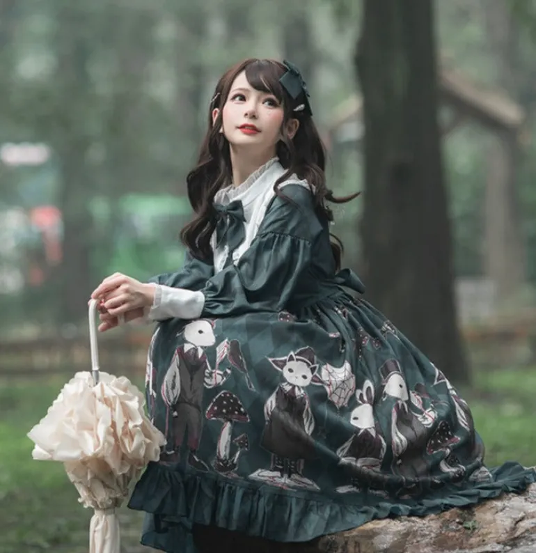 Creepy Bunny Forest Green Dress