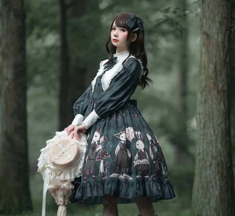 Creepy Bunny Forest Green Dress