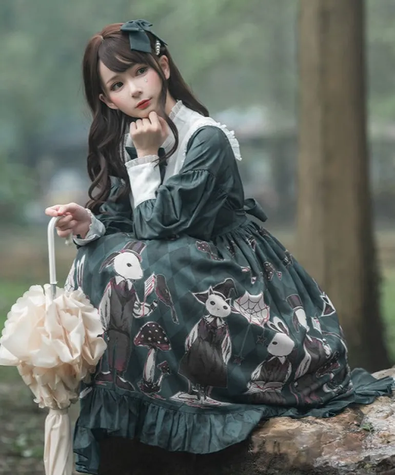 Creepy Bunny Forest Green Dress