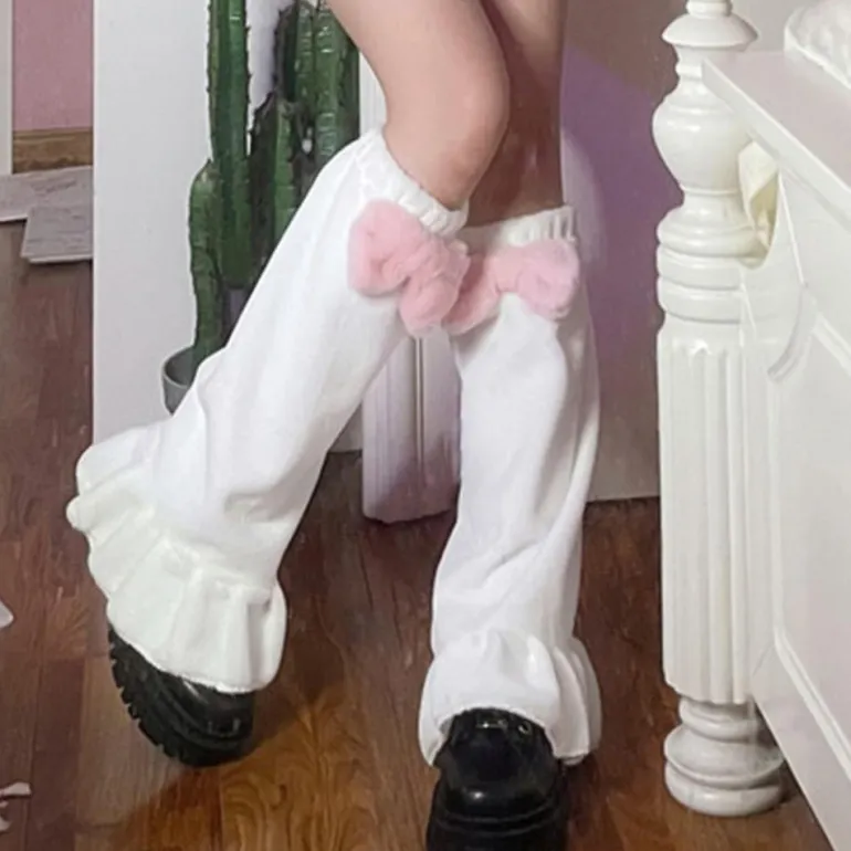 Fluffy Pink Bow Leg Warmers