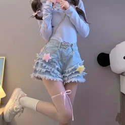 Frilly Denim Star Shorts And Chain