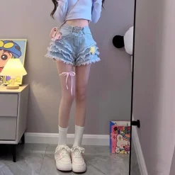Frilly Denim Star Shorts And Chain
