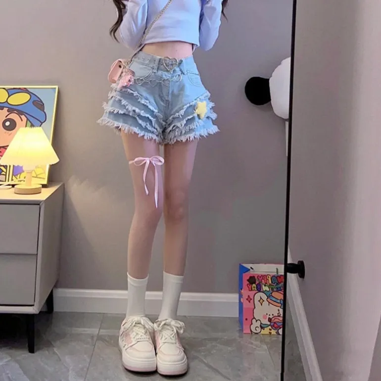 Frilly Denim Star Shorts And Chain