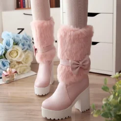 Furry Pink Bow Boots