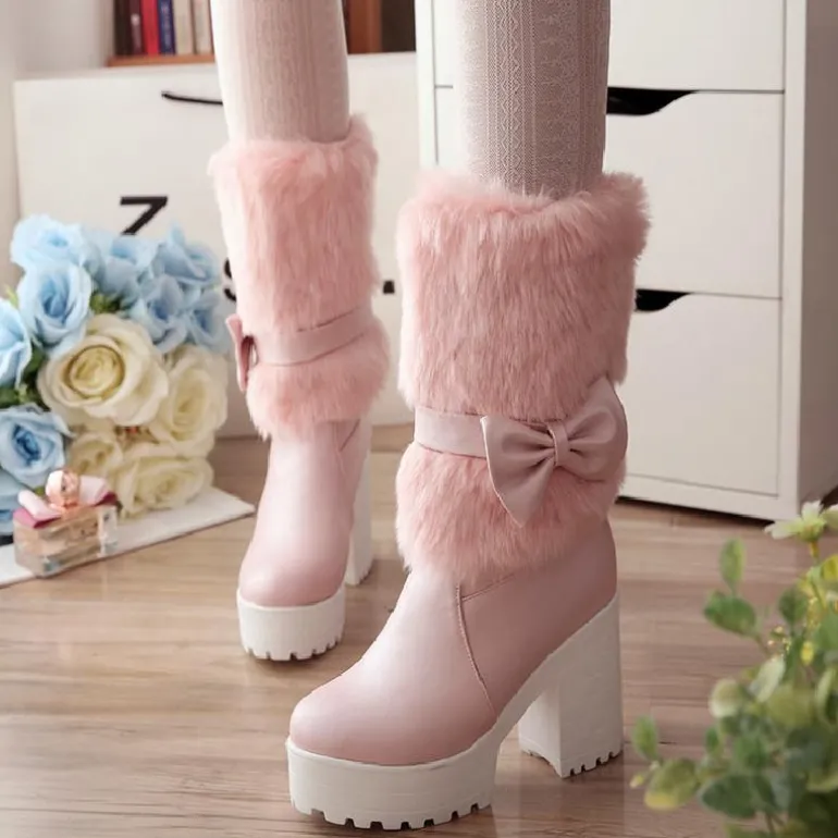 Furry Pink Bow Boots