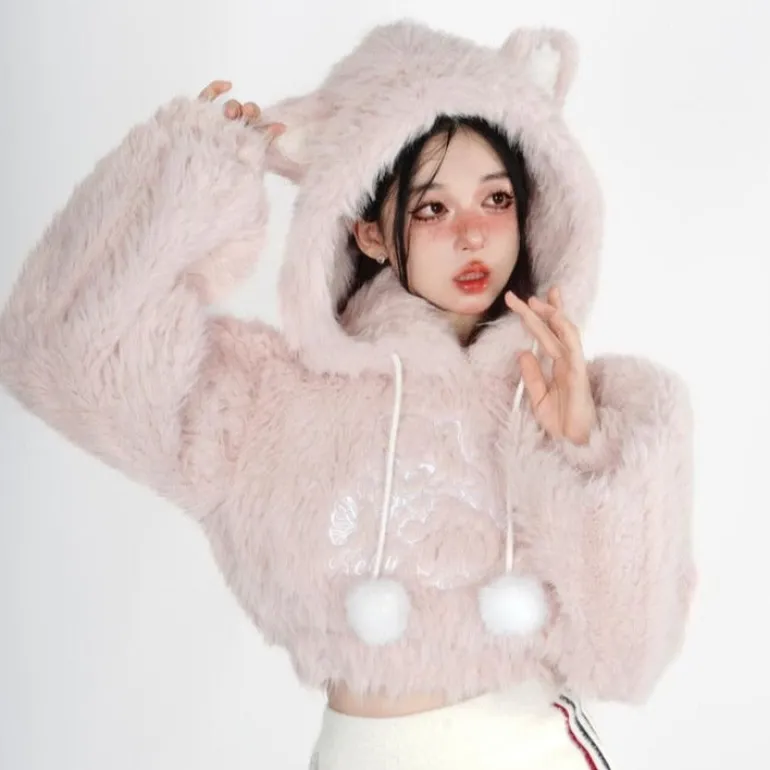 Fuzzy Kitten Cropped Hoodie