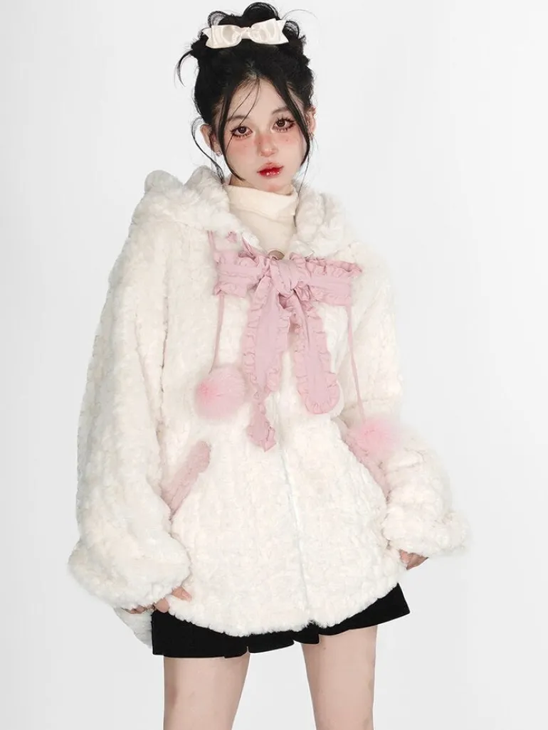 Fuzzy Neko Pompom Hooded Coat