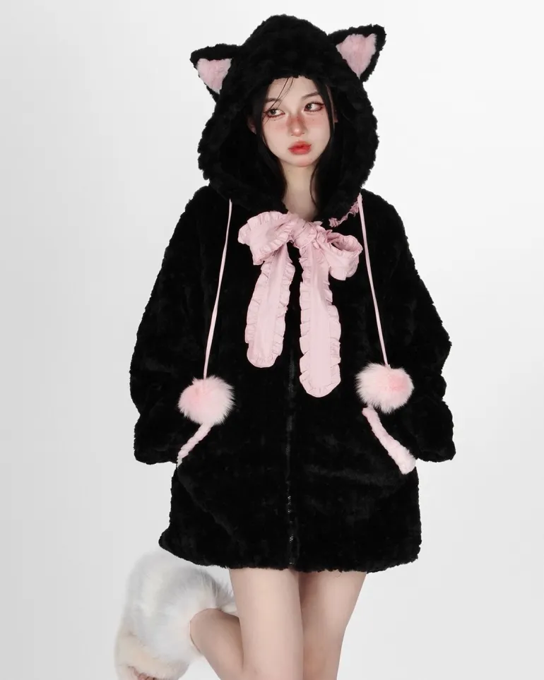 Fuzzy Neko Pompom Hooded Coat