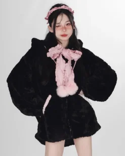 Fuzzy Neko Pompom Hooded Coat