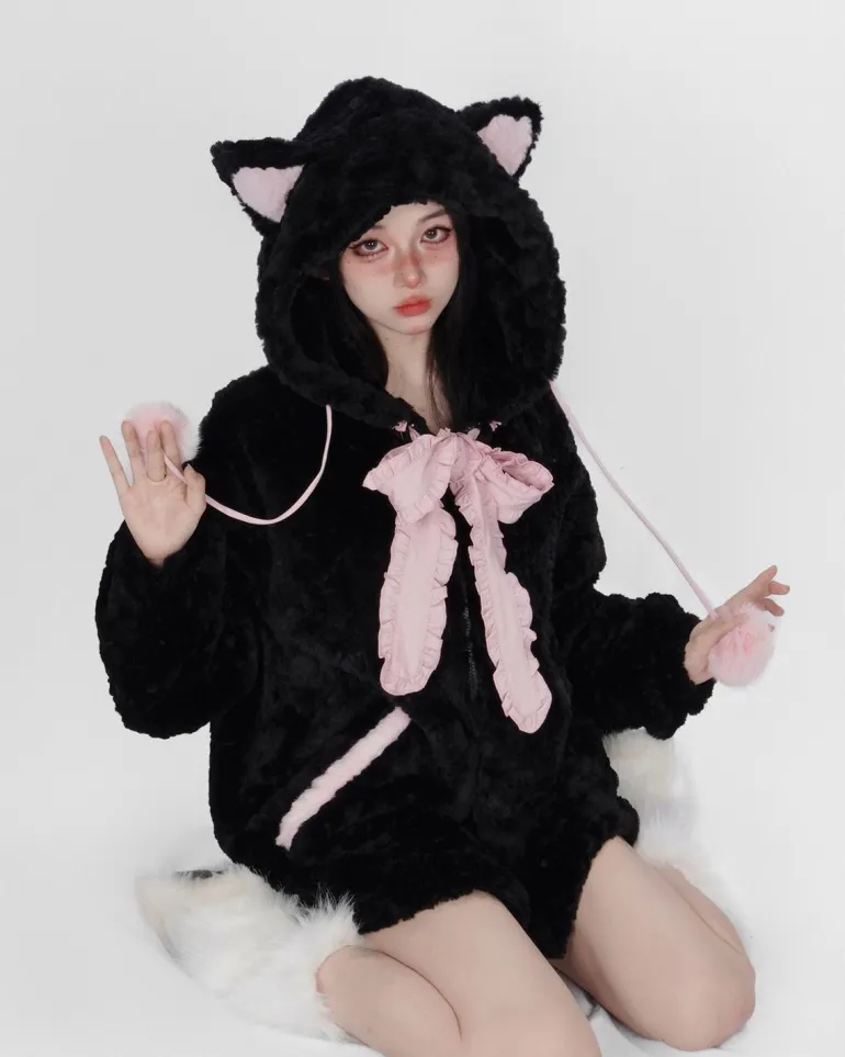 Fuzzy Neko Pompom Hooded Coat