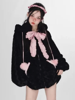 Fuzzy Neko Pompom Hooded Coat
