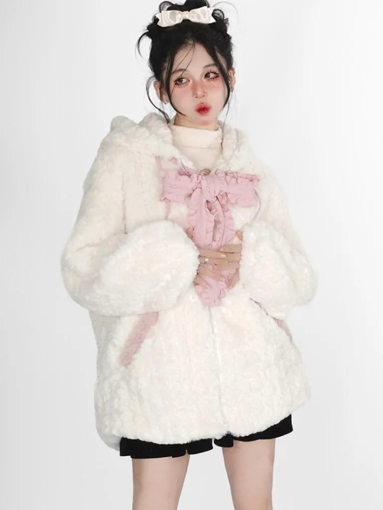 Fuzzy Neko Pompom Hooded Coat