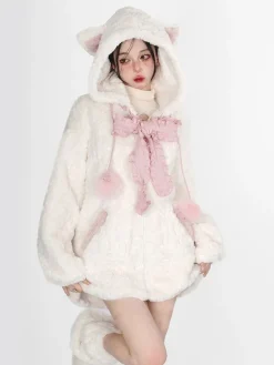 Fuzzy Neko Pompom Hooded Coat
