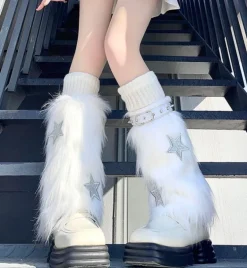 Fuzzy White Star Fur Leg Warmers