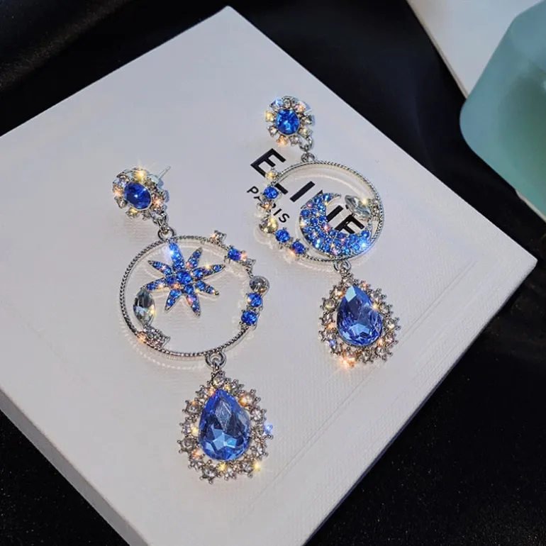 Glittering Star And Moon Drop Earrings