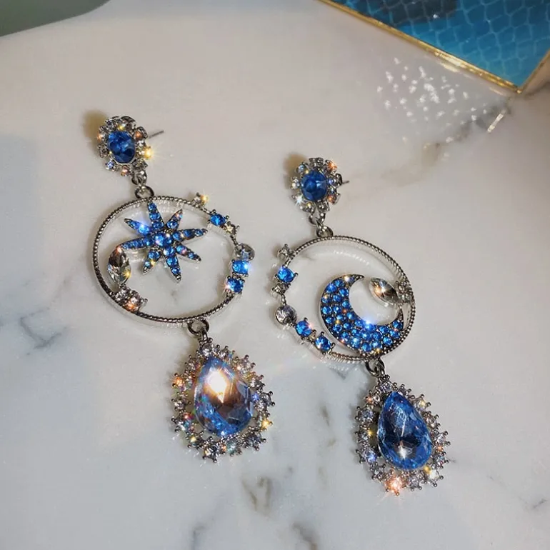Glittering Star And Moon Drop Earrings