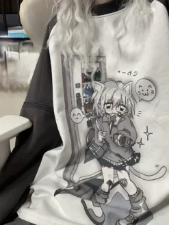 Grey Neko Girl Detachable Sleeve Tee