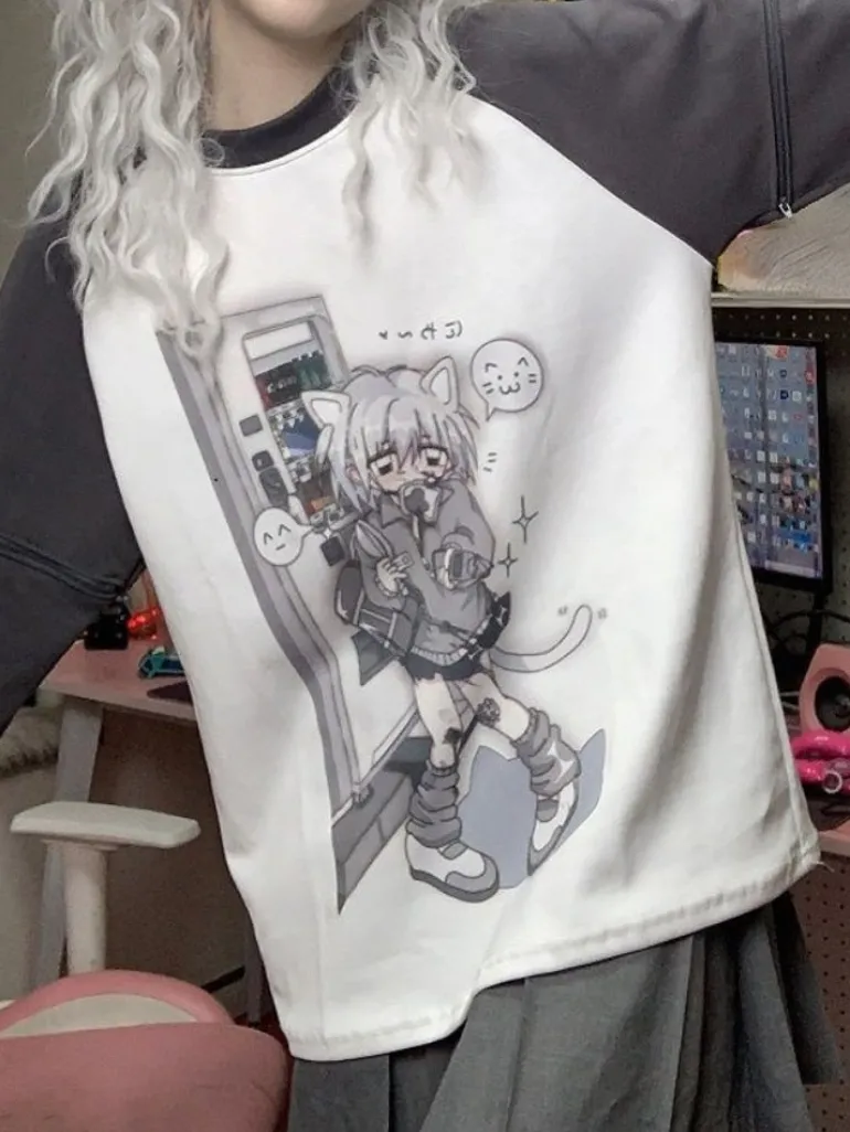Grey Neko Girl Detachable Sleeve Tee