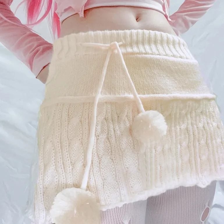Knit Beige Pompom Skirt