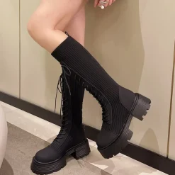 Knit Platform Knee High Boots