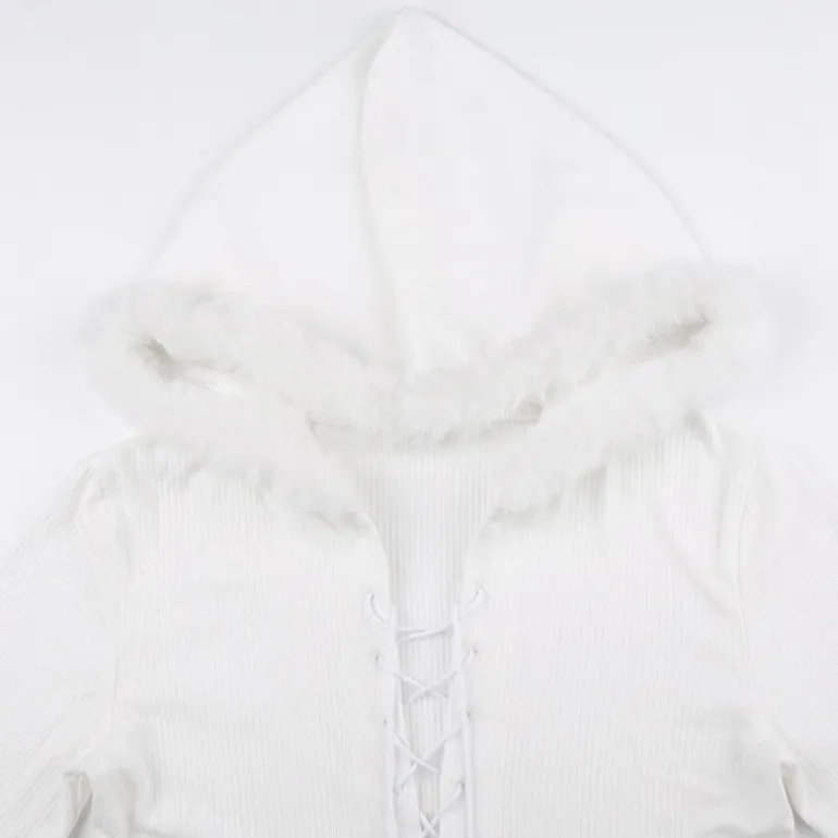 Lace Up Fur Hooded Cardigan