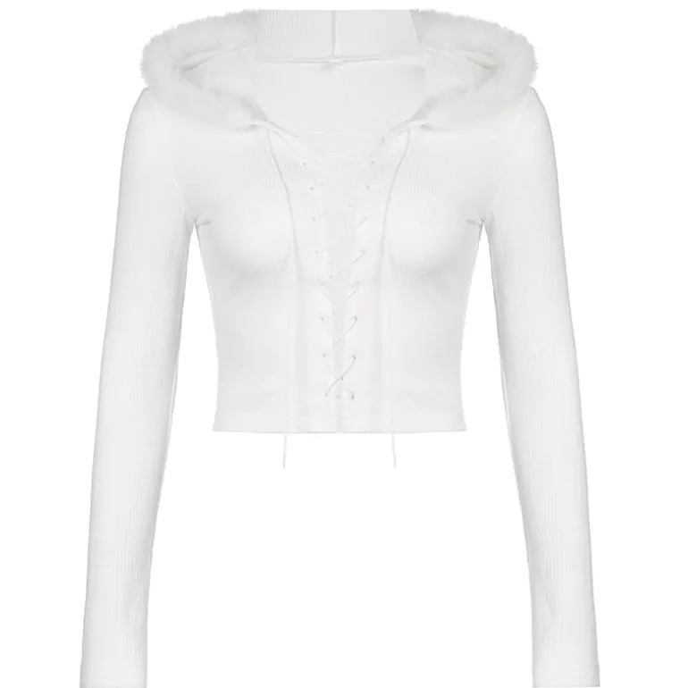 Lace Up Fur Hooded Cardigan