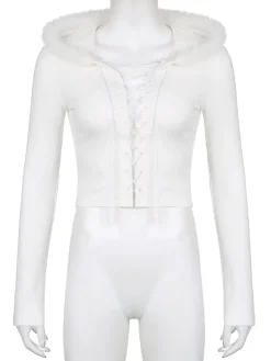 Lace Up Fur Hooded Cardigan