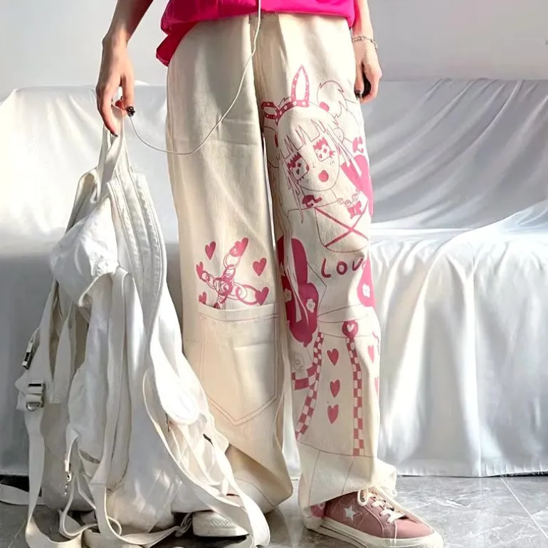 Pink Anime Print Baggy Pants