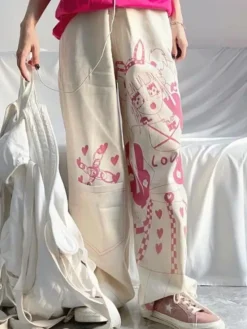 Pink Anime Print Baggy Pants